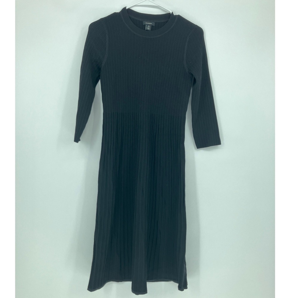 Halogen Black Ribbed Knit Mock Neck Long Sleeve Midi Fit and Flare Dress XS